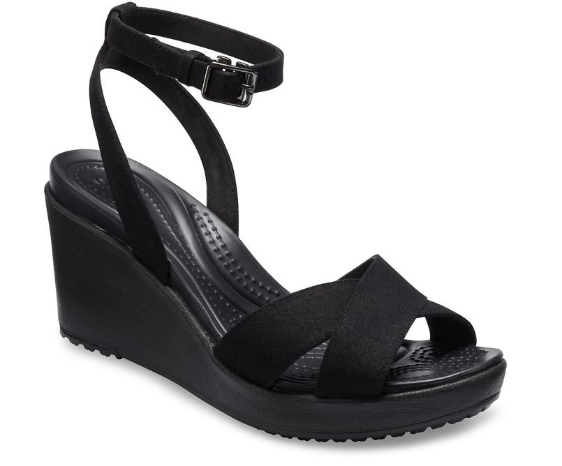 Wedges | Women Crocs Leigh II Cross-Strap Ankle Wedge Black / Black